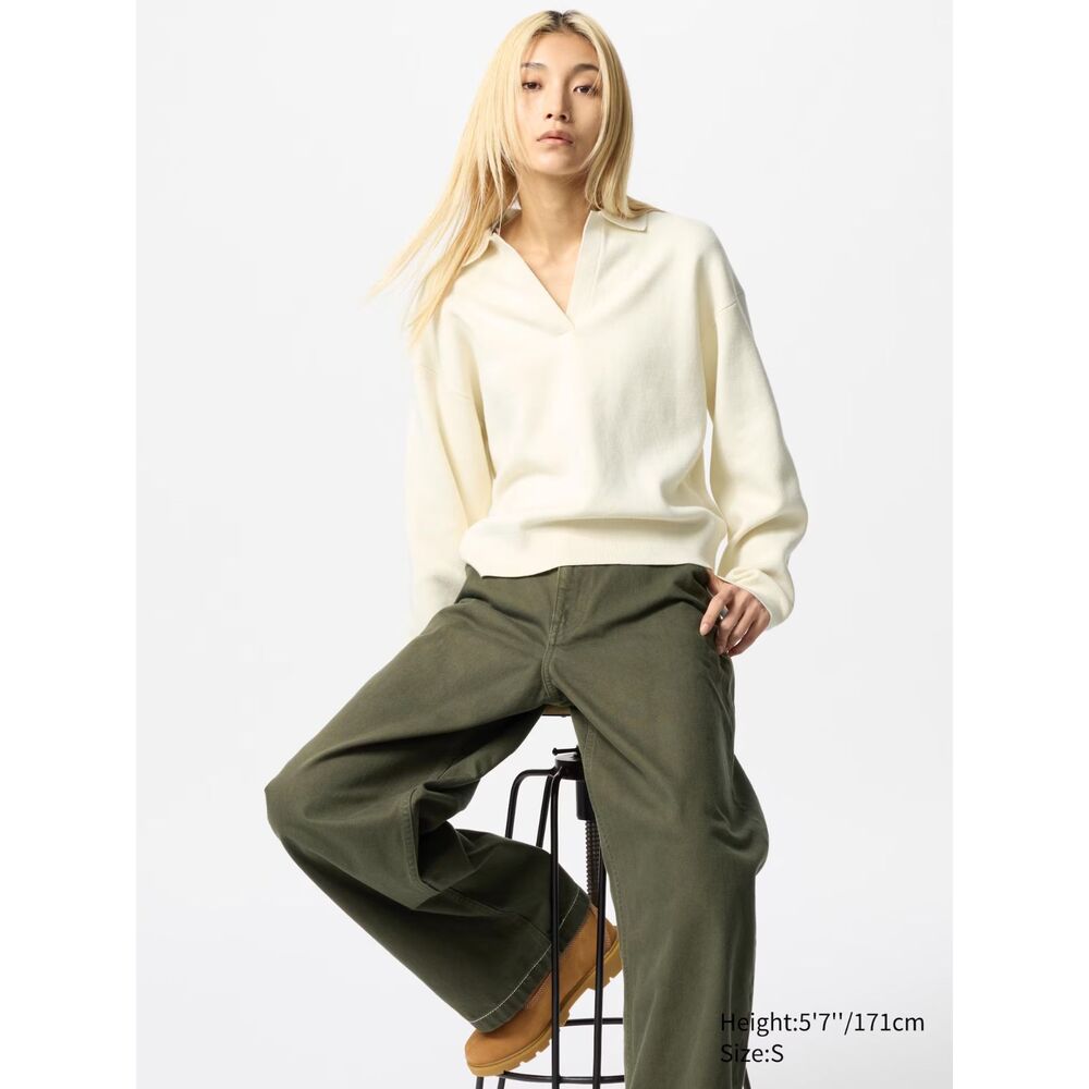Uniqlo Smooth Cotton Relaxed Polo Sweater Off White Cream 100% Cotton Women's L